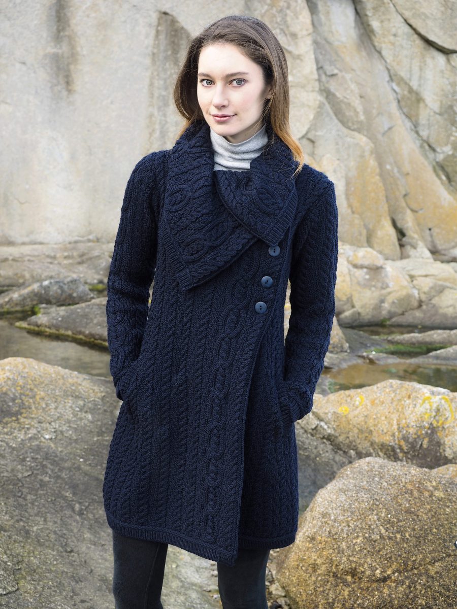 The Burren Chunky Collar Coat 100% Merino Wool Irish Knit Sweater