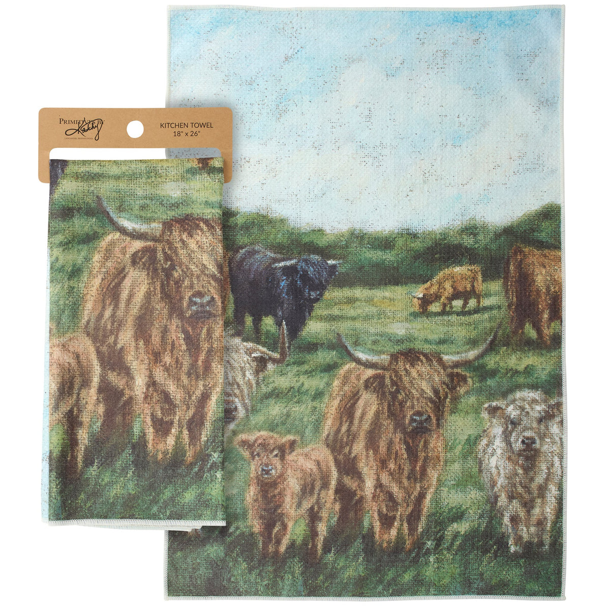Primitive Tea Towel Highland Cow