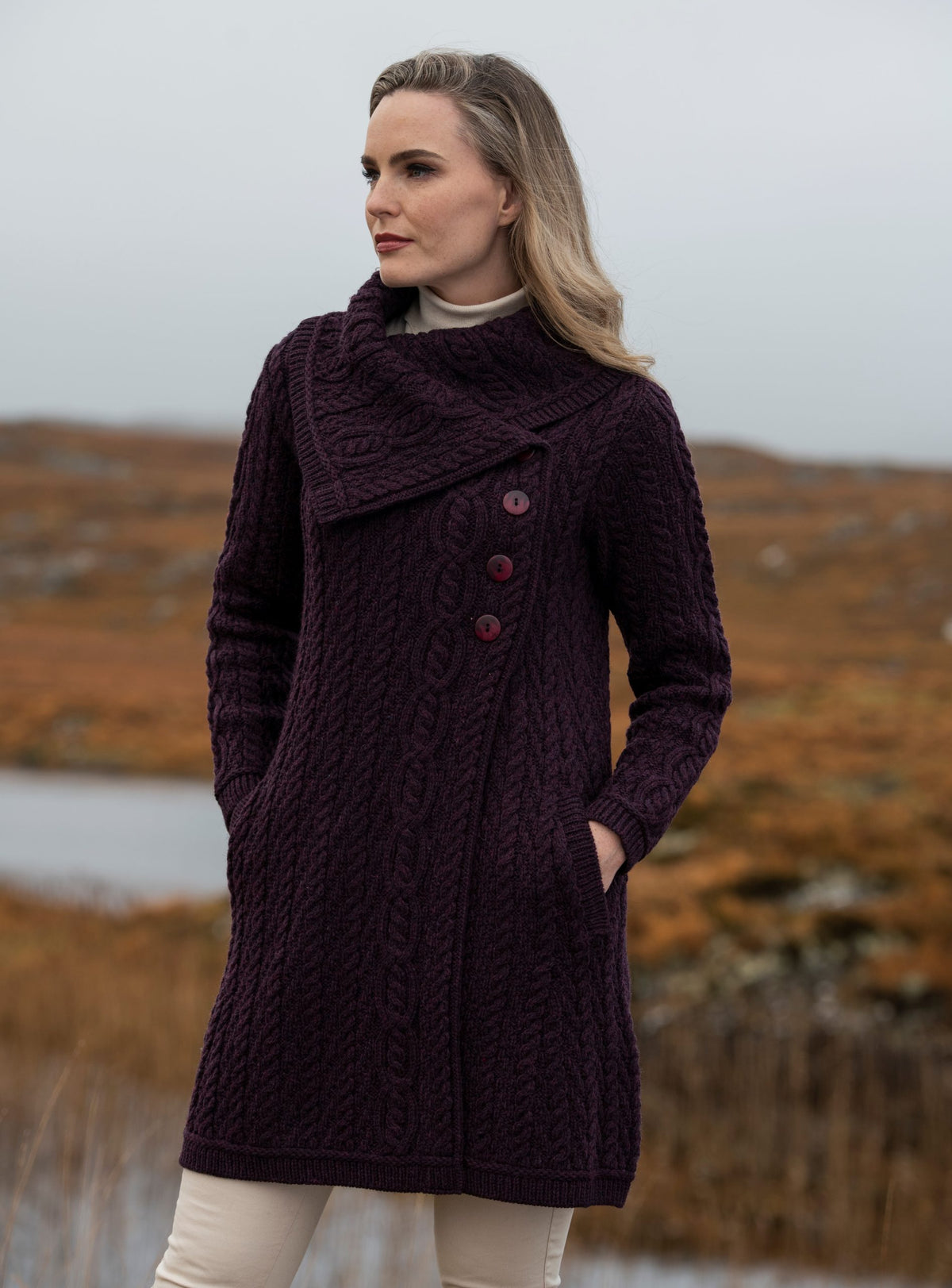 The Burren Chunky Collar Coat 100% Merino Wool Irish Knit Sweater