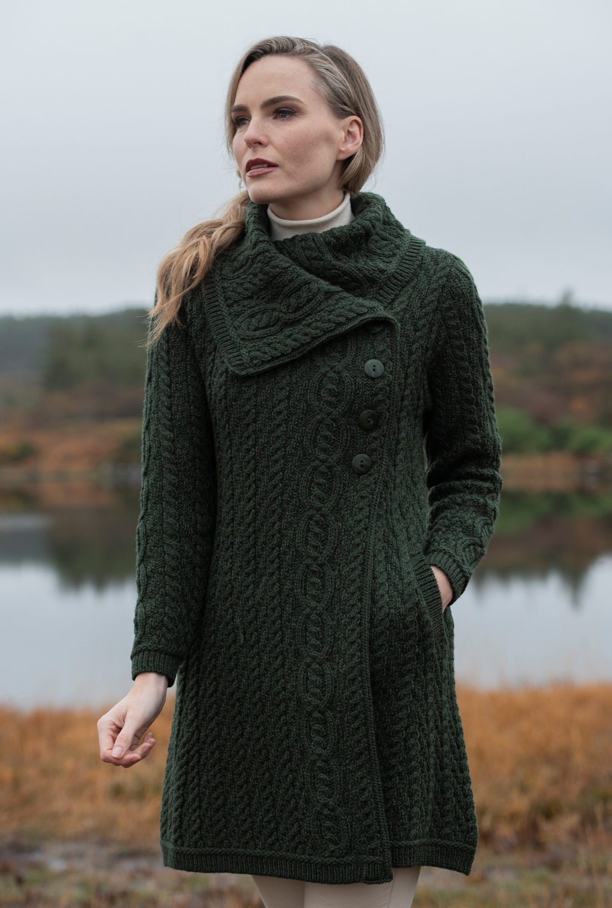The Burren Chunky Collar Coat 100% Merino Wool Irish Knit Sweater