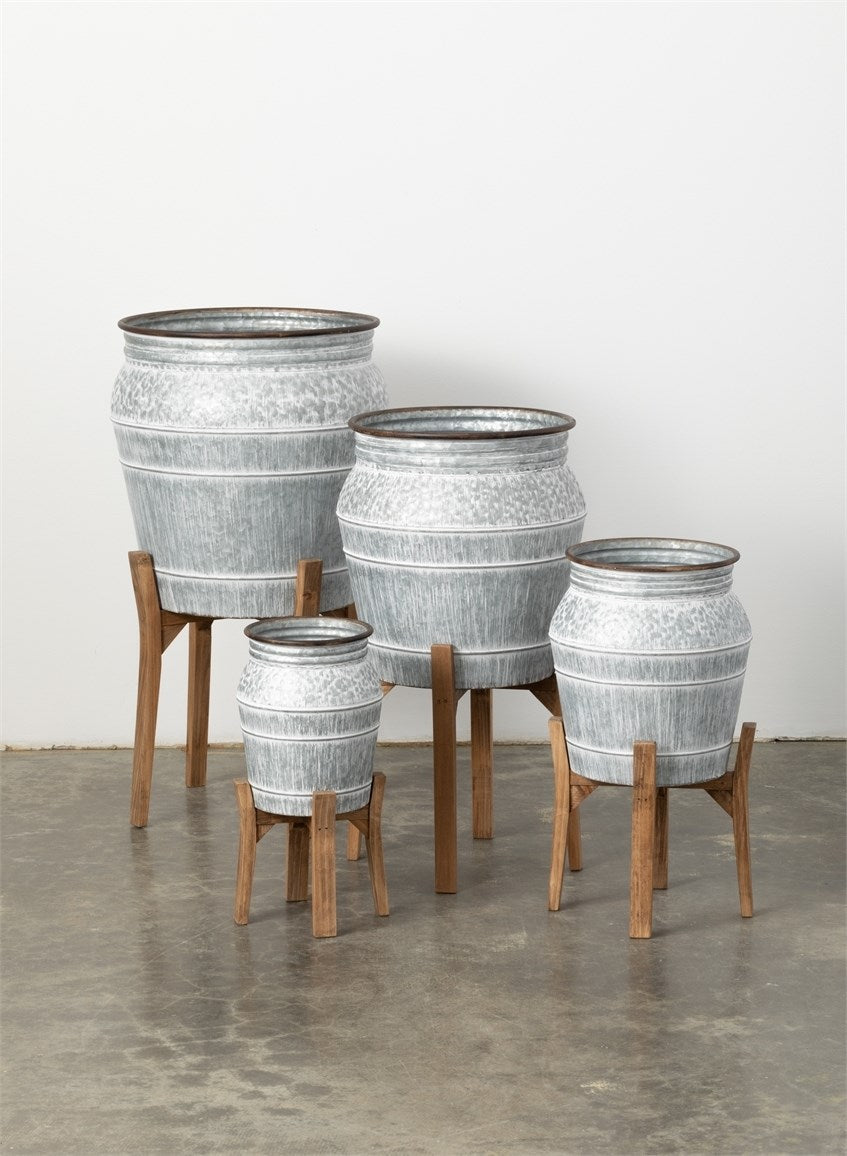 Grey Metal Planter On Stand Set Of 4