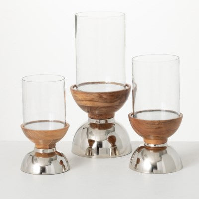 Metal Wood and Glass Pillar Candle Holder