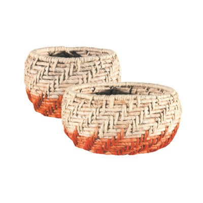 Natural and orange baskets with metal wire frame. Set of 2.