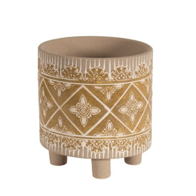 Ceramic Pot with Mustard & Ivory Pattern Glaze