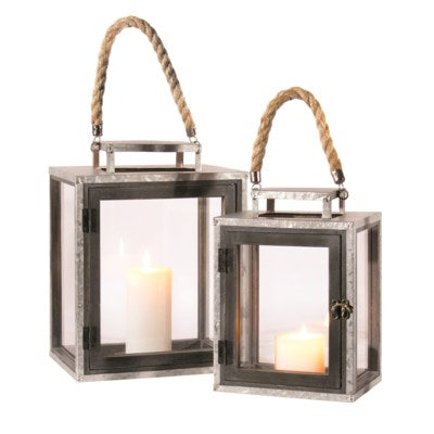 Galvanised Metal & Glass Lanterns with Rope Handles Set of 2