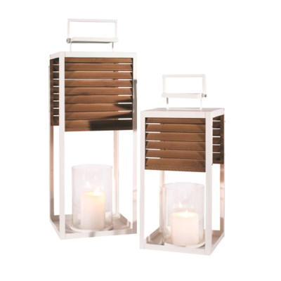 White Metal Lanterns with Wood Louvers &amp; Hurricane Glass. Set of 2.
