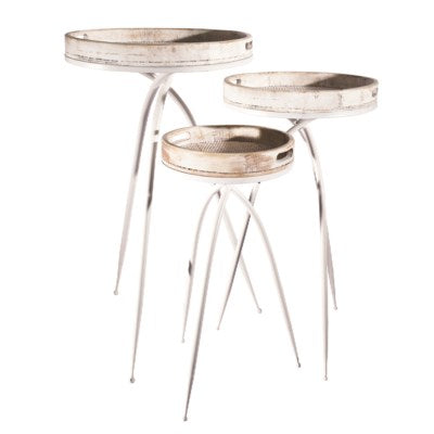 White washed wood side tables with  metal tripod style legs. Set of 3.